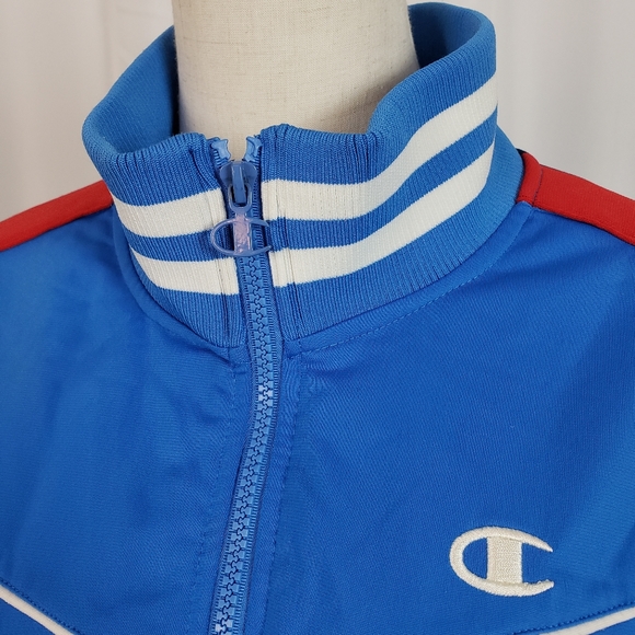 Champion Varsity Style Bomber Jacket with Striped Spellout Sleeve 2XL Blue White - Picture 3 of 4